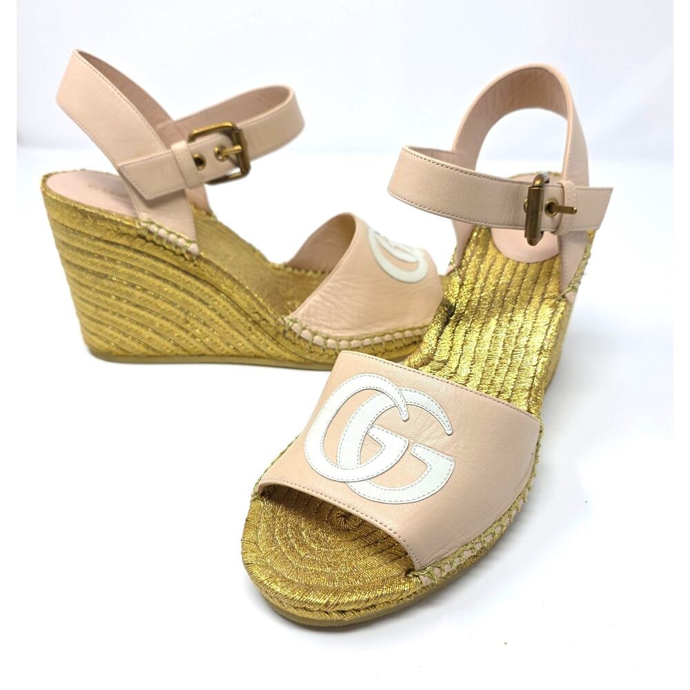Gucci Platform GG Logo Pink Gold Espadrille Wedge Sandals IT 39 US 9 658629